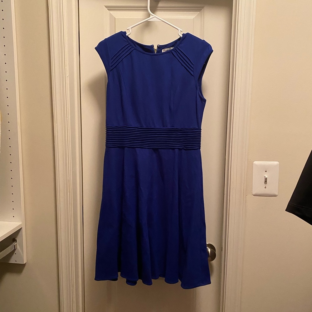 Eliza J cobalt blue dress with gold zipper.  Above the knee.